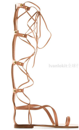Strappy Knee High Roman Gladiator Flat Sandals Boots Brown on Luulla